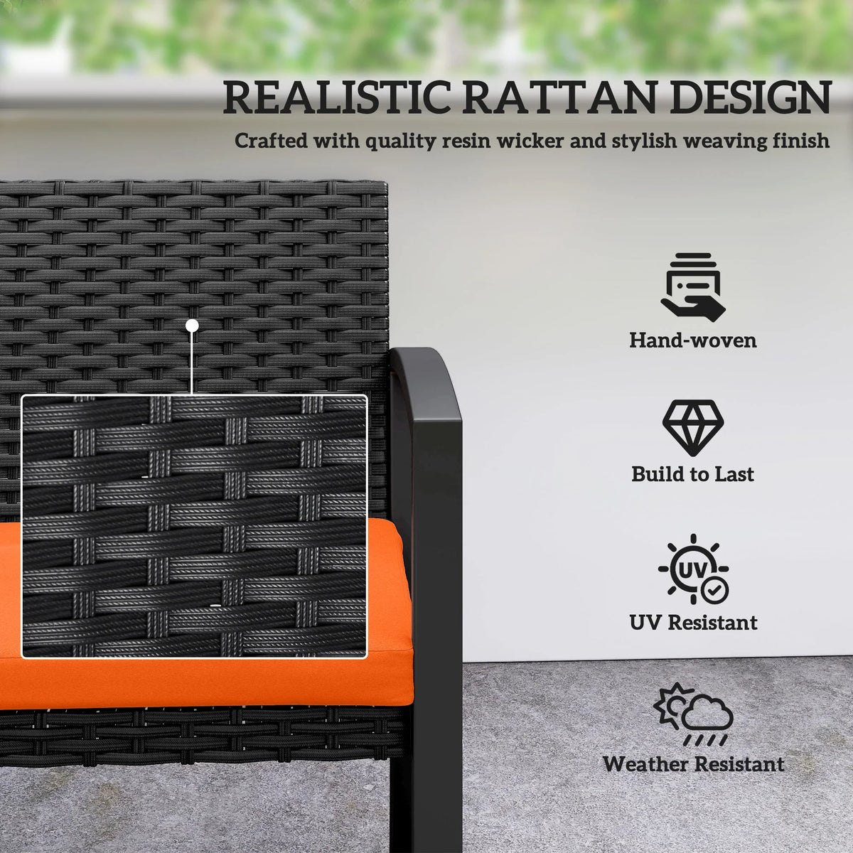 Woven rattan-look backrest with orange seat cushion on black powder-coated frame