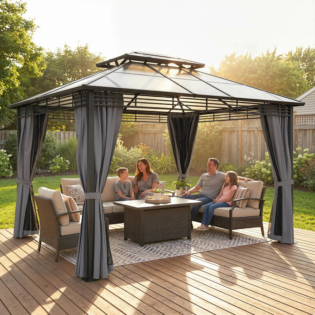 Dark gray hardtop outdoor gazebo with side curtains and double-tier roof over patio seating