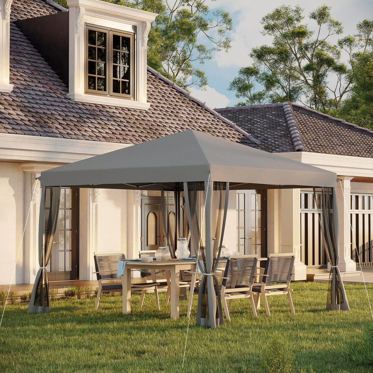 Grey pop-up gazebo with removable mesh sidewalls and curtained openings