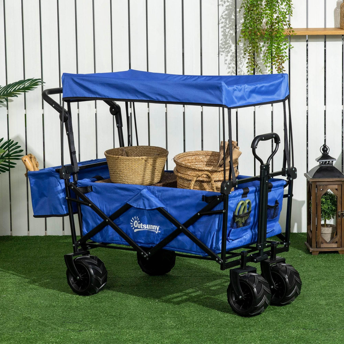 Blue collapsible beach wagon with canopy and 4 wheels, with side mesh storage