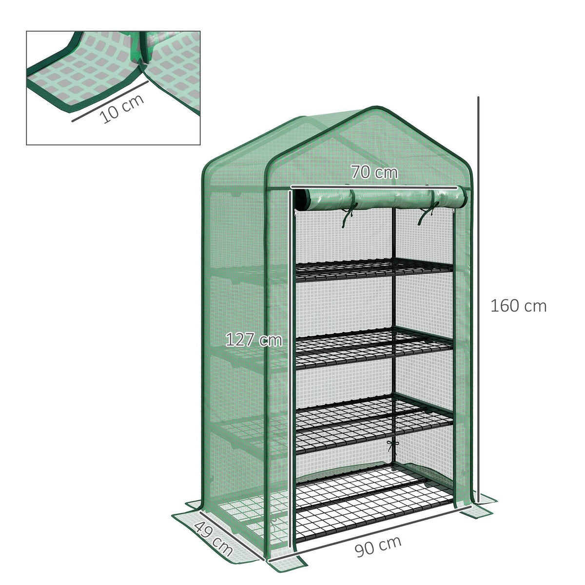 Green compact four-tier greenhouse with transparent plastic cover and black metal shelving