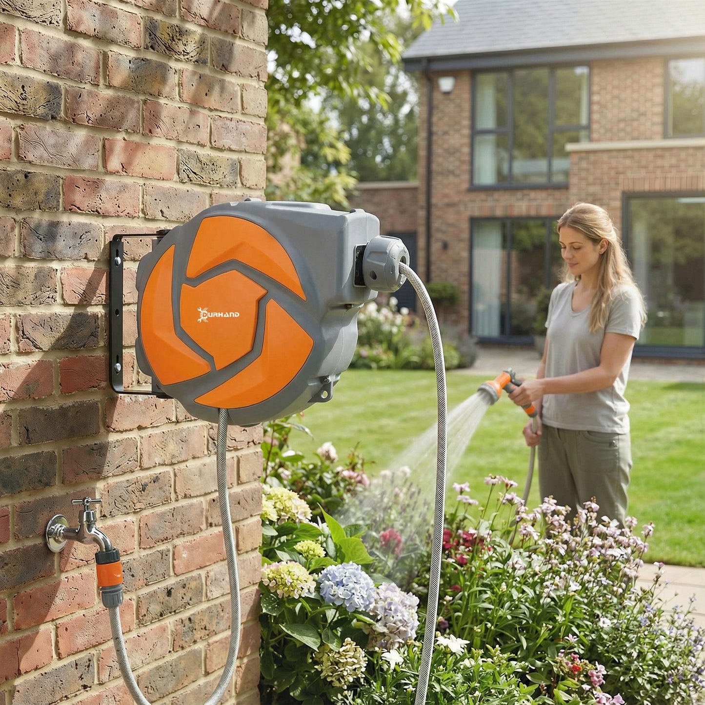 Durhand 10m Garden Hose Reel Wall Mounted Auto Rewind With 7 Pattern Spray Nozzle Orange Includes Wall Fixings