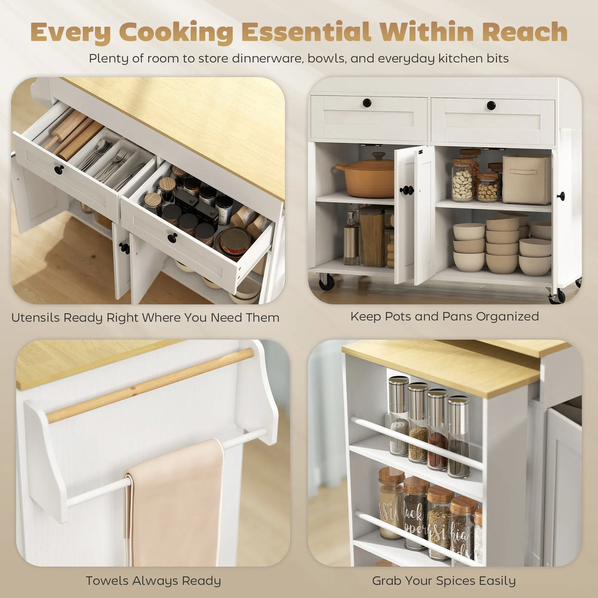Kitchen island with pull-out drawers and organized shelves, white base and light wood top.