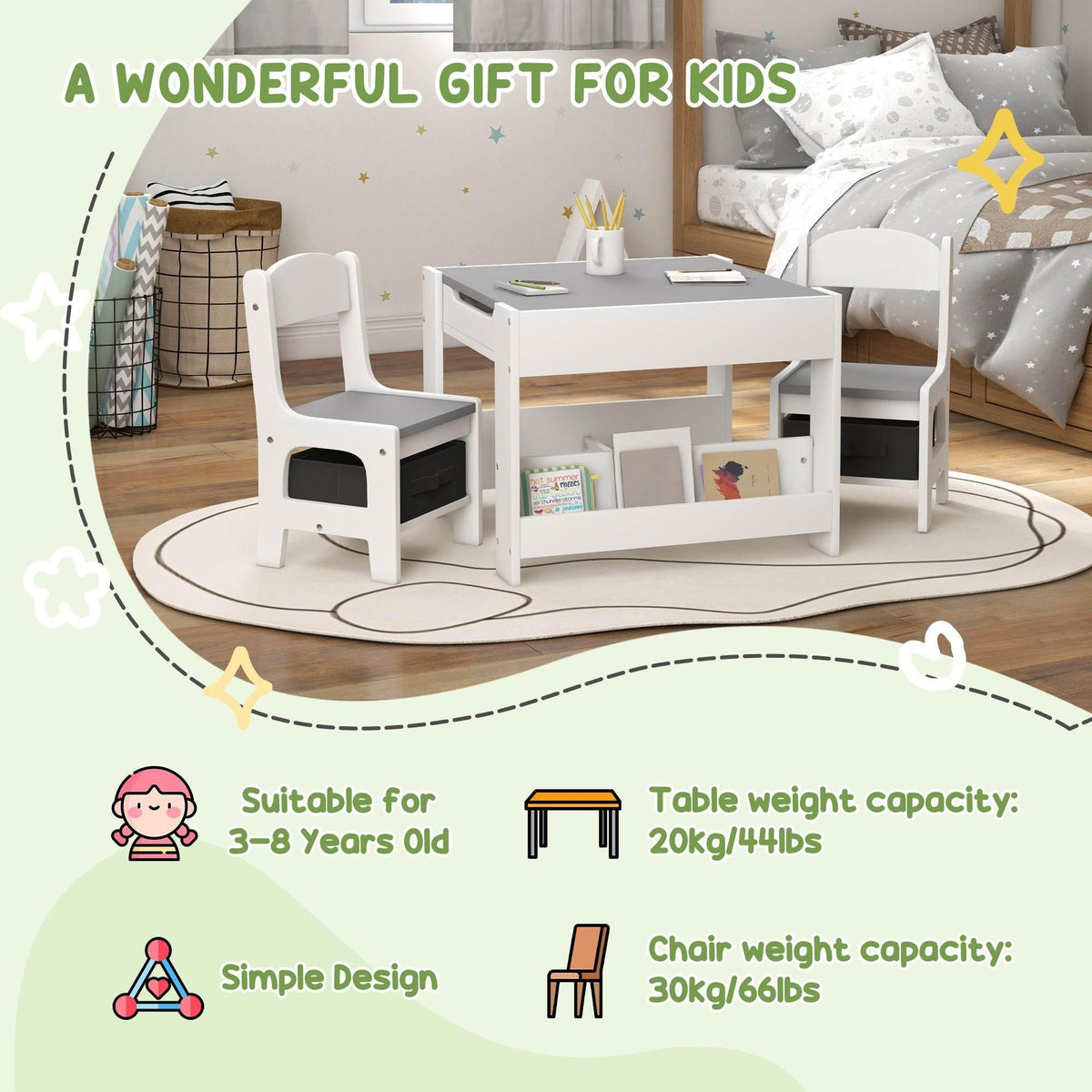 Kids white table and chairs set with chalkboard panel and open storage shelves