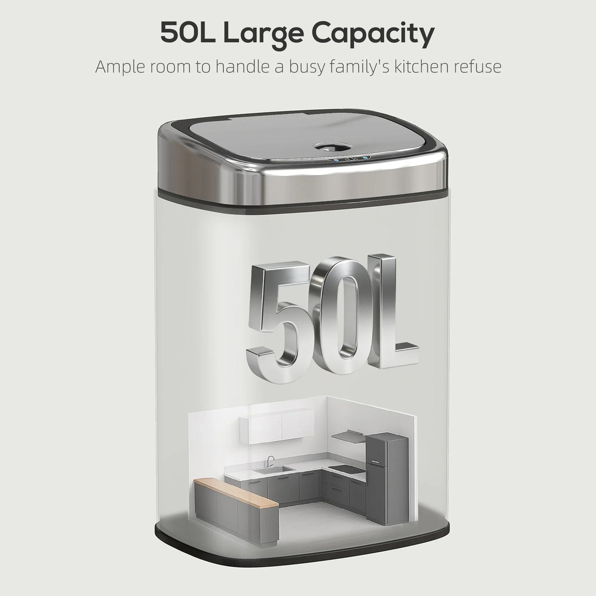50L stainless steel trash can with embossed "50L" on the front