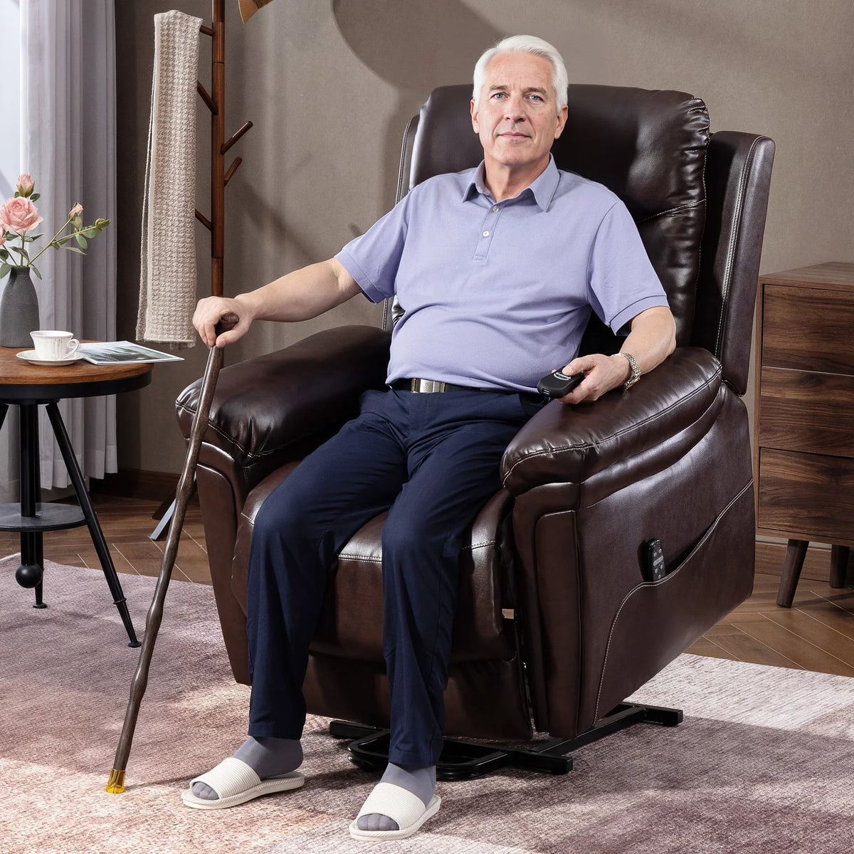 Brown power lift recliner chair with cushioned armrests and recline base