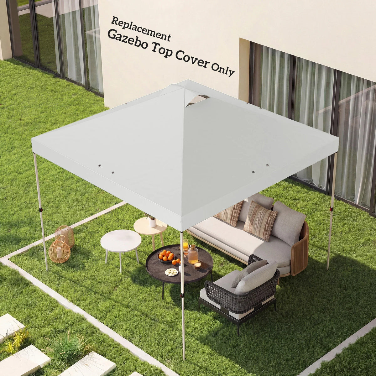 White gazebo top cover replacement with slanted canopy and support poles