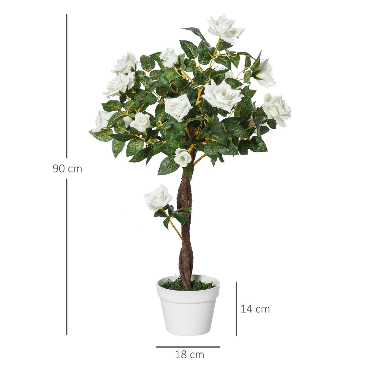 Single artificial white rose plant with green leaves in a white pot