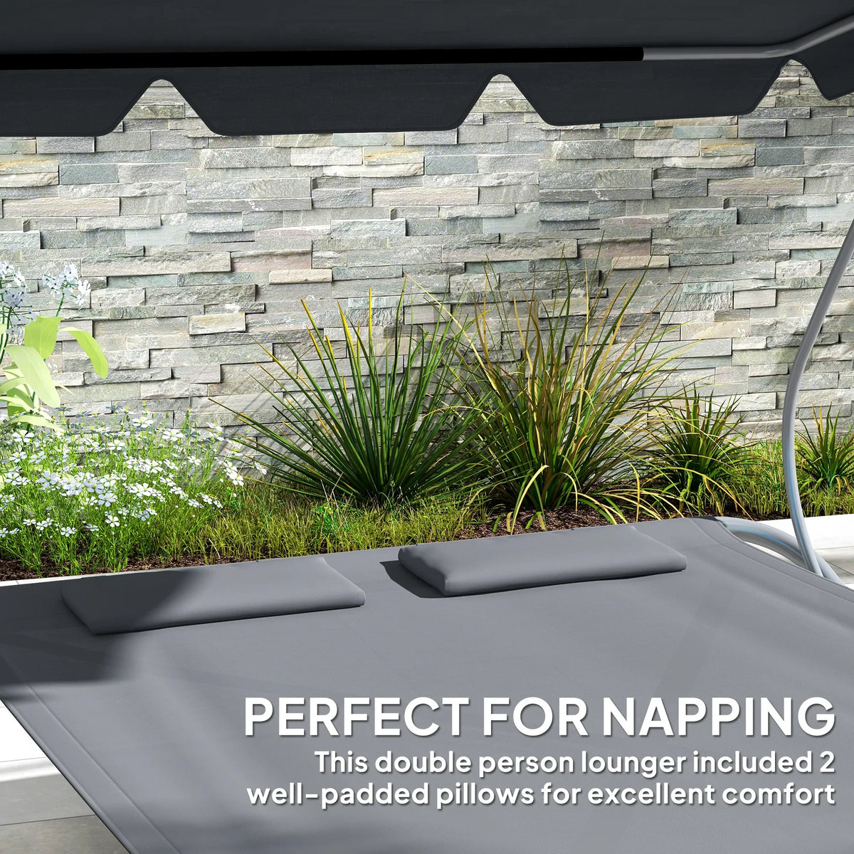 Light grey double outdoor lounge with canopy over two padded seat cushions, steel legs
