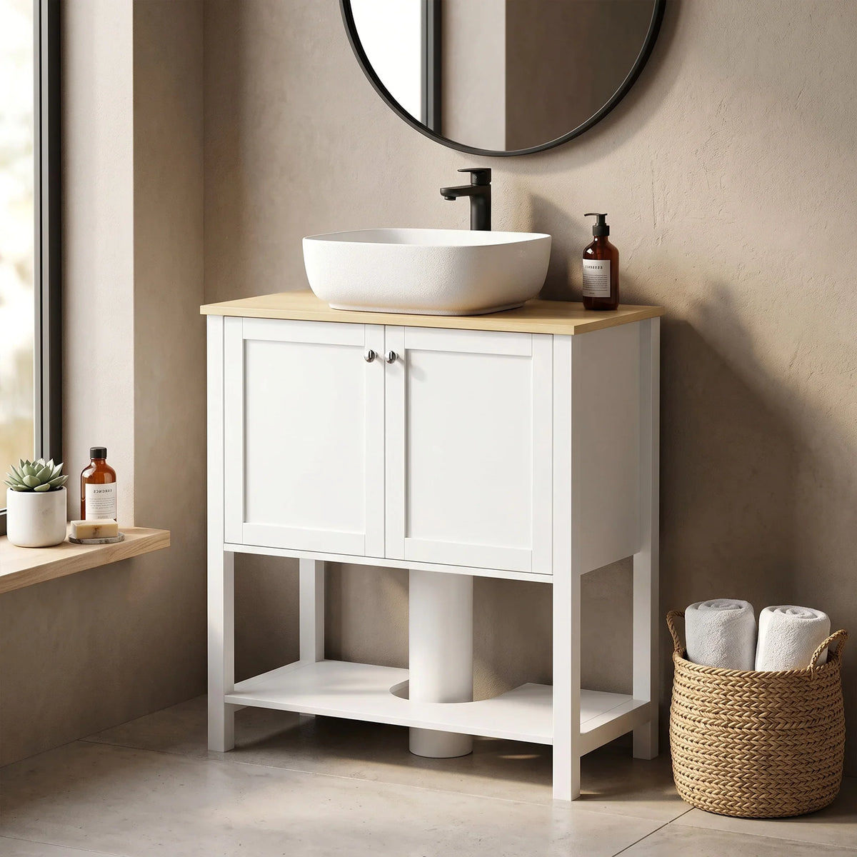 White under-sink cabinet with wood top, two doors, open shelf, faucet and toiletries.