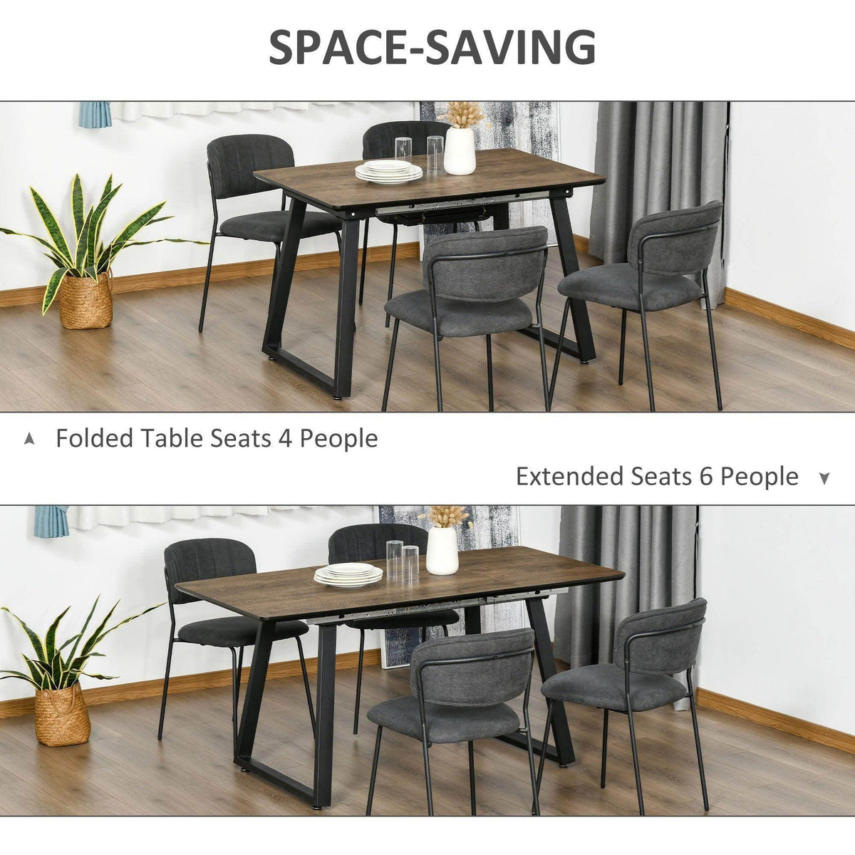 Extendable dining table with dark wood top, shown in compact and extended views