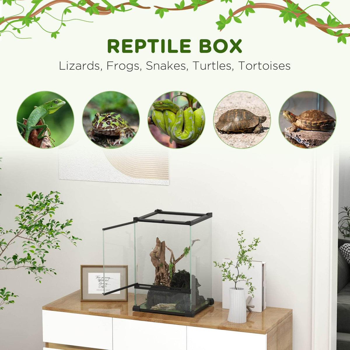 Glass reptile terrarium with black frame featuring a front door opening and decor inside