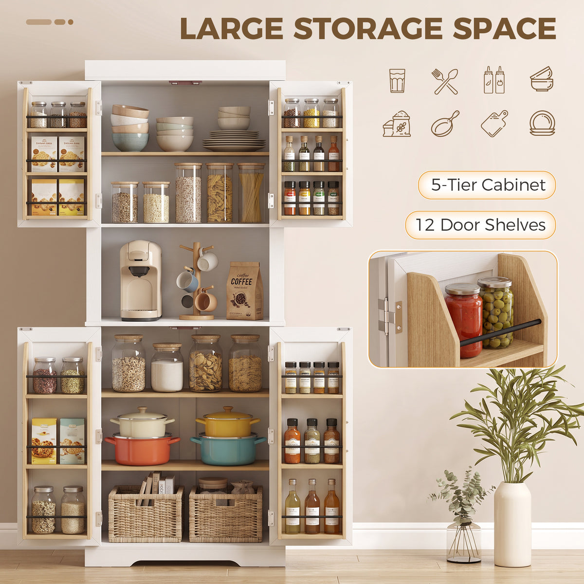 White tall kitchen cabinet with open shelves and side door compartments for storage