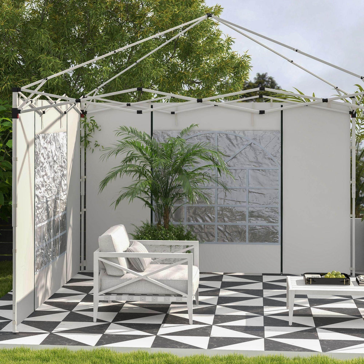 White gazebo side panels with windows and doors, attached to a pop-up frame