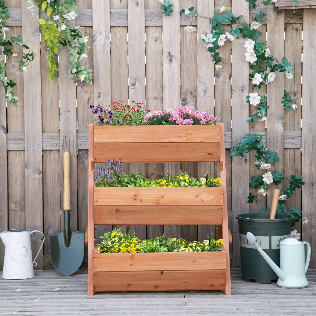Three-tier wooden raised planter box in brown with open beds and planter-ready frame