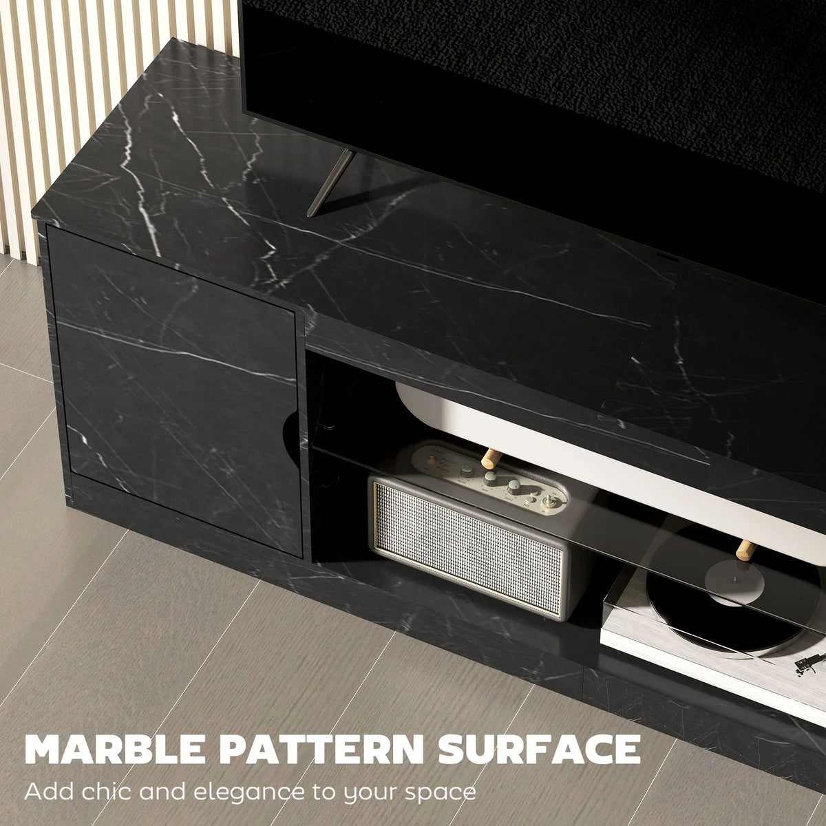 Black marble-effect TV stand with open console and sliding storage cabinet doors