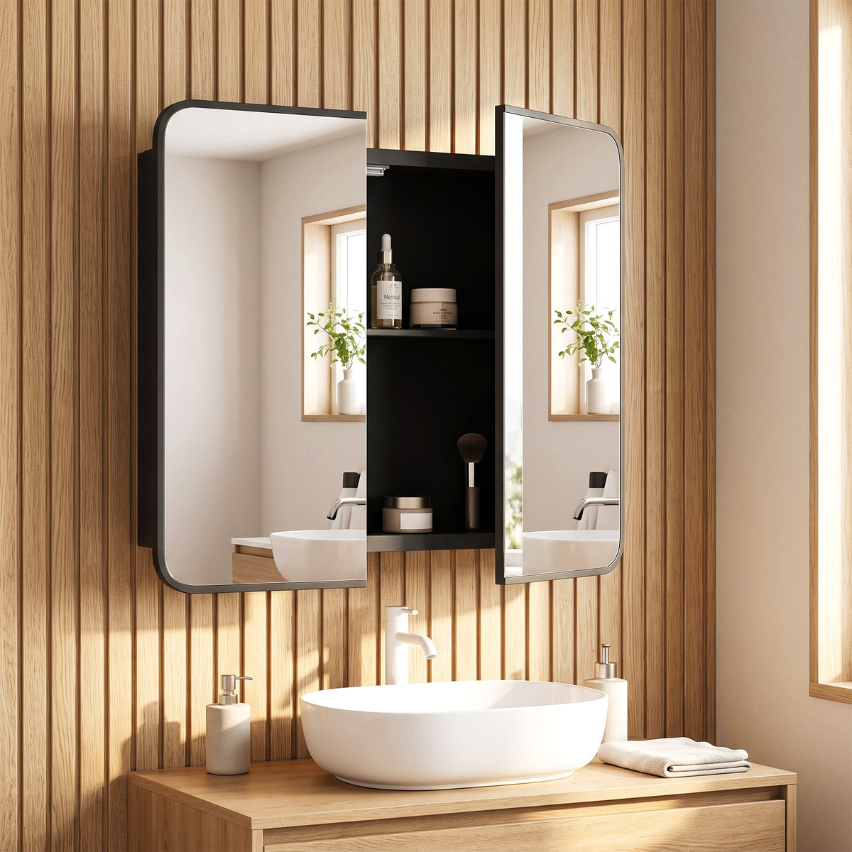 HOMCOM Black Wall Mounted Medicine Cabinet Mirror Storage Magnetic Doors