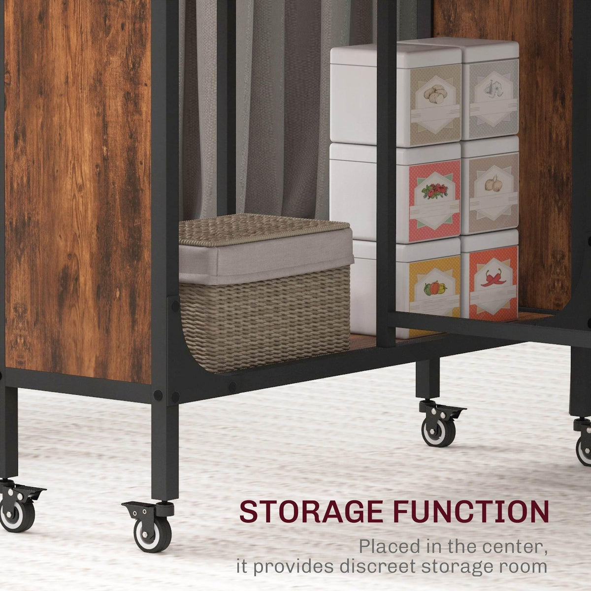 Rustic brown folding table with lower storage cabinet and four caster wheels