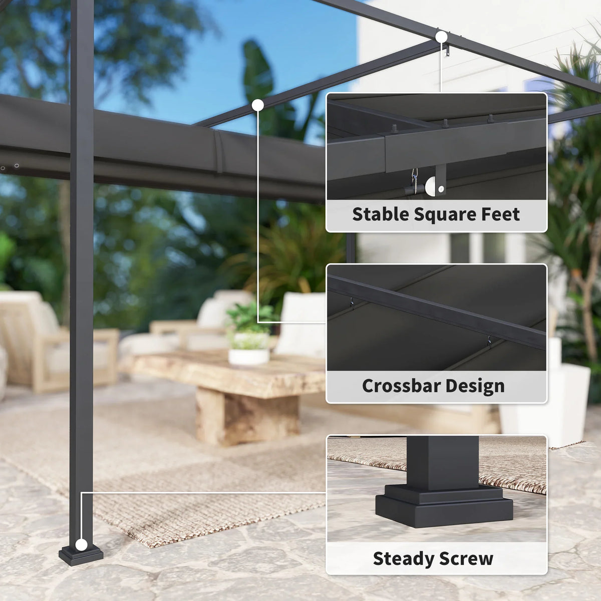 Black canopy pergola showing stable square feet, crossbar, and steady screws