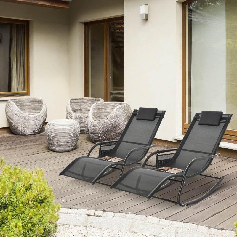 Outdoor rocking lounge chair with black frame, dark gray mesh seat and headrest pillow