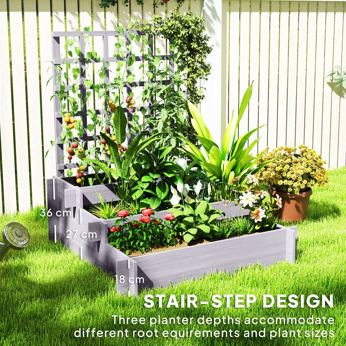Grey three-tier raised planter with trellis, greenery and flowers in the beds