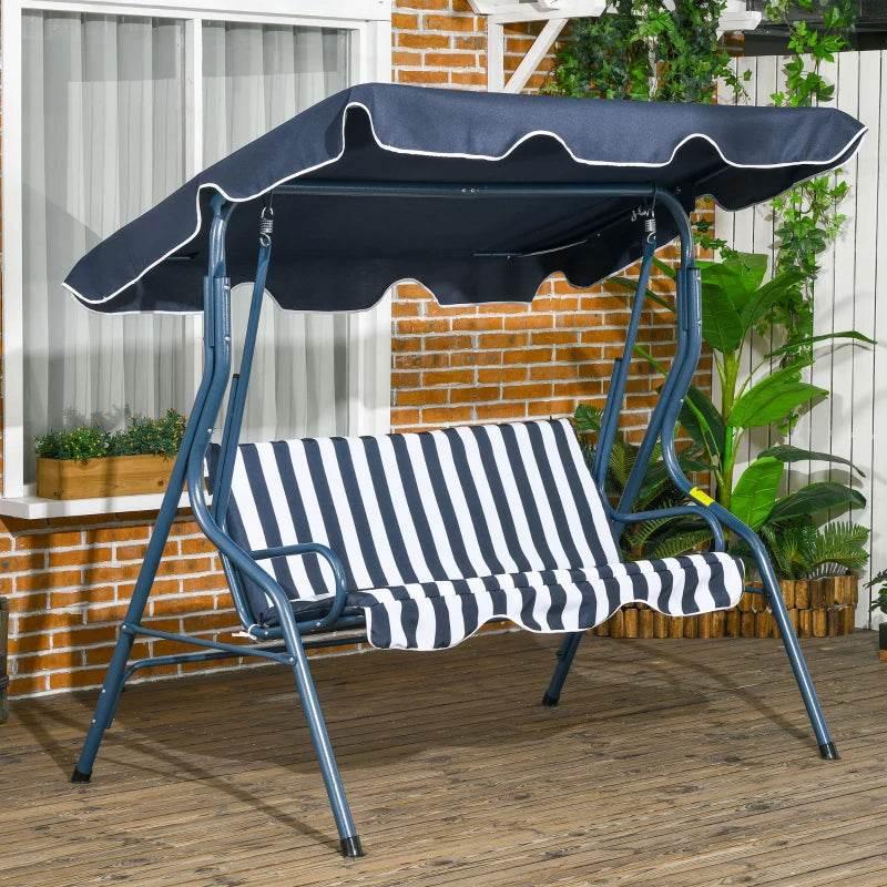 Outdoor swing bench with navy canopy and blue-and-white striped seat cushions