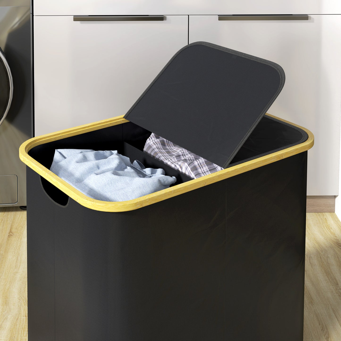 HOMCOM Double Laundry Basket With Lid 80L Collapsible Hamper Twin 40L Compartments For Bathroom Laundry Room