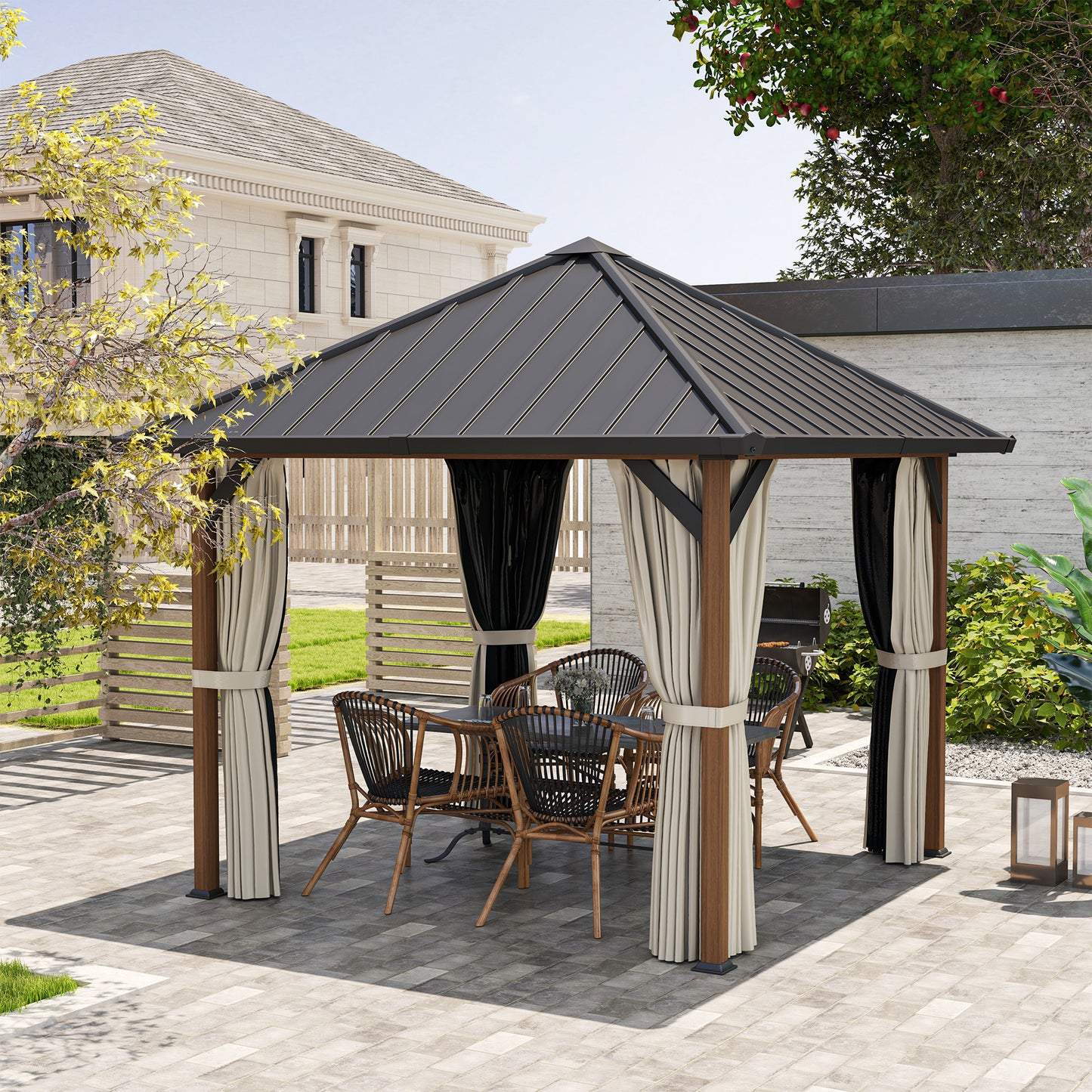 Outsunny 3x3m Hardtop Gazebo With Galvanised Roof Water Gutter Netting And Curtains For Patio Deck Walnut Wood Finish