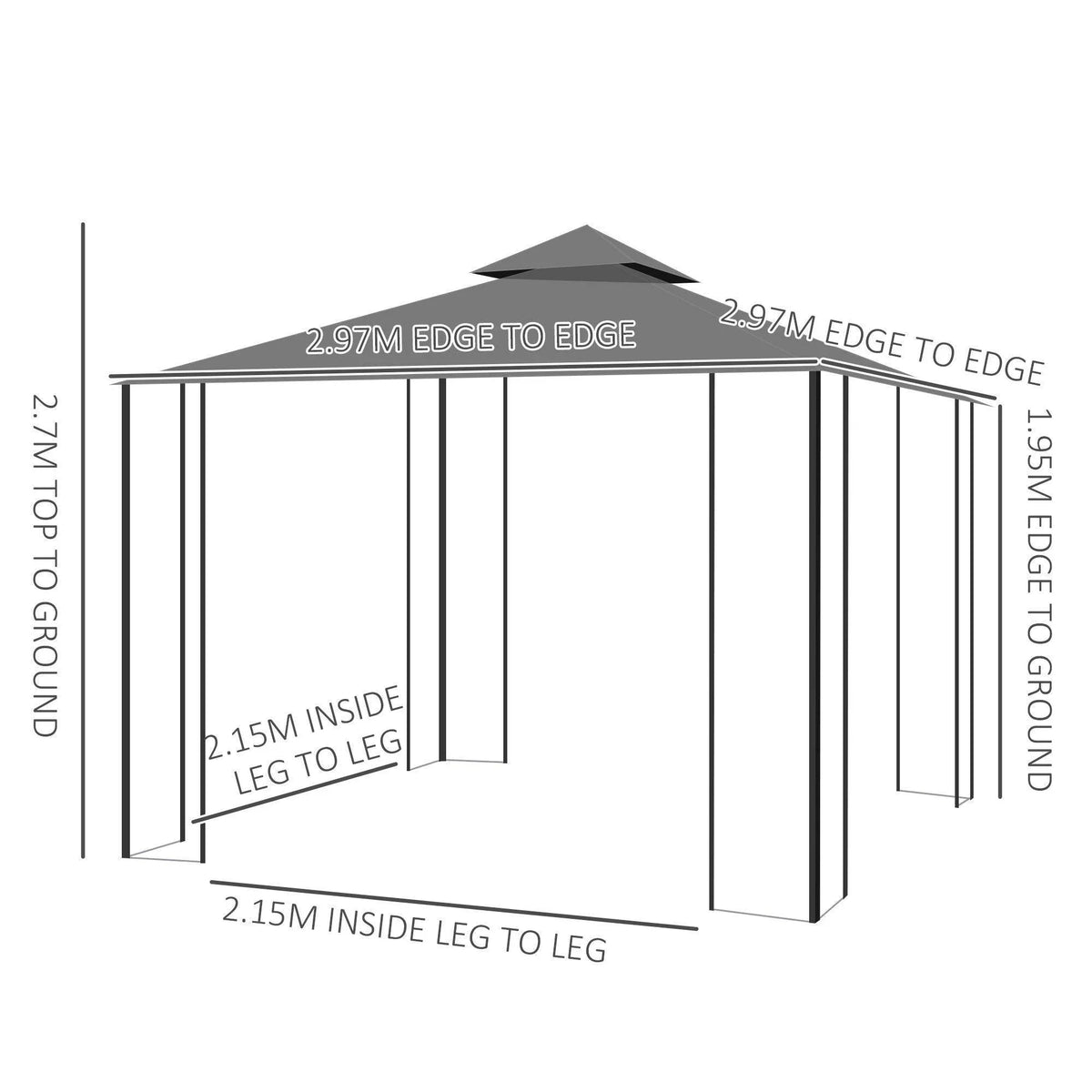 3x3 m patio gazebo frame size diagram with 1.95 m overall height
