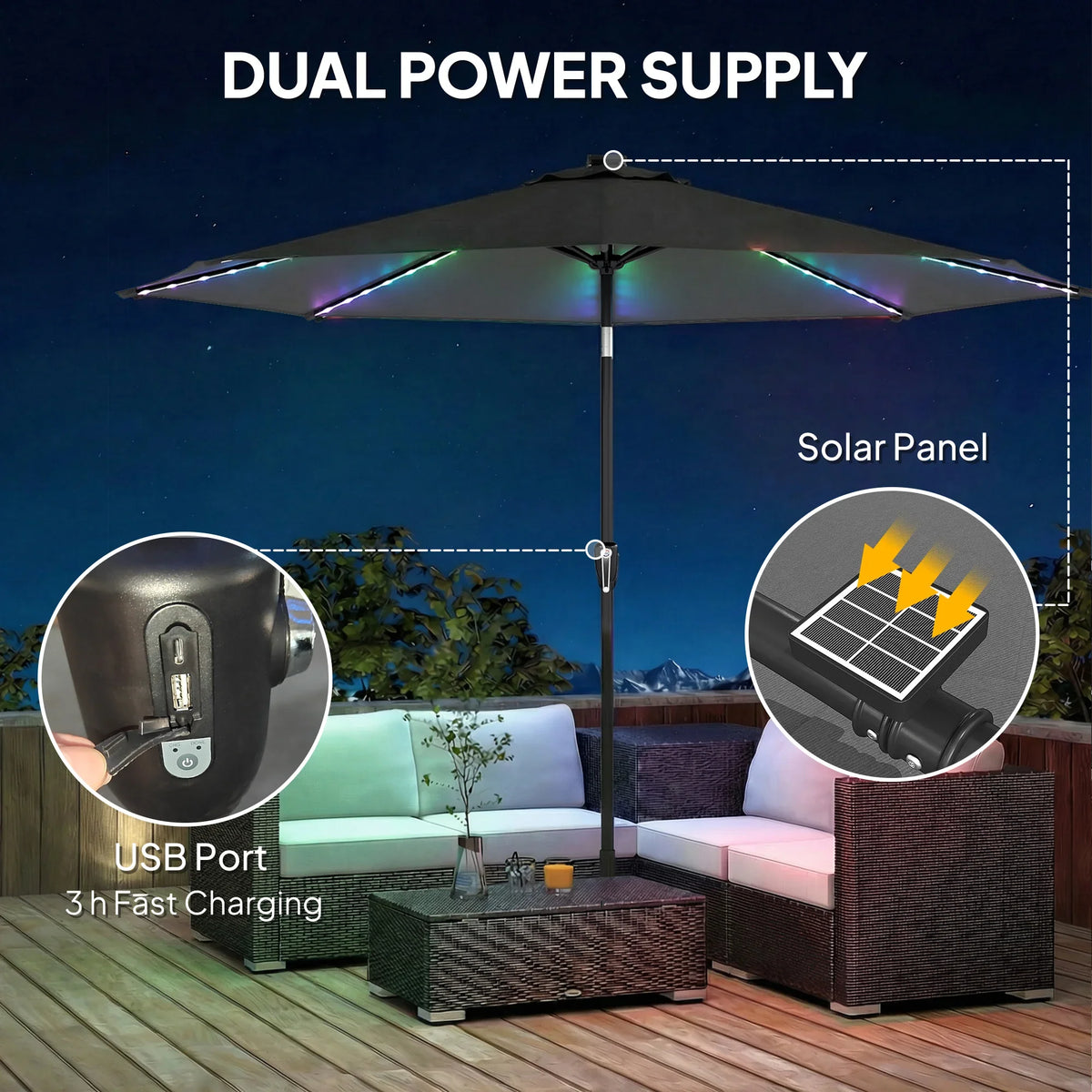 Grey patio parasol umbrella with solar panel and USB charging ports for LED lights