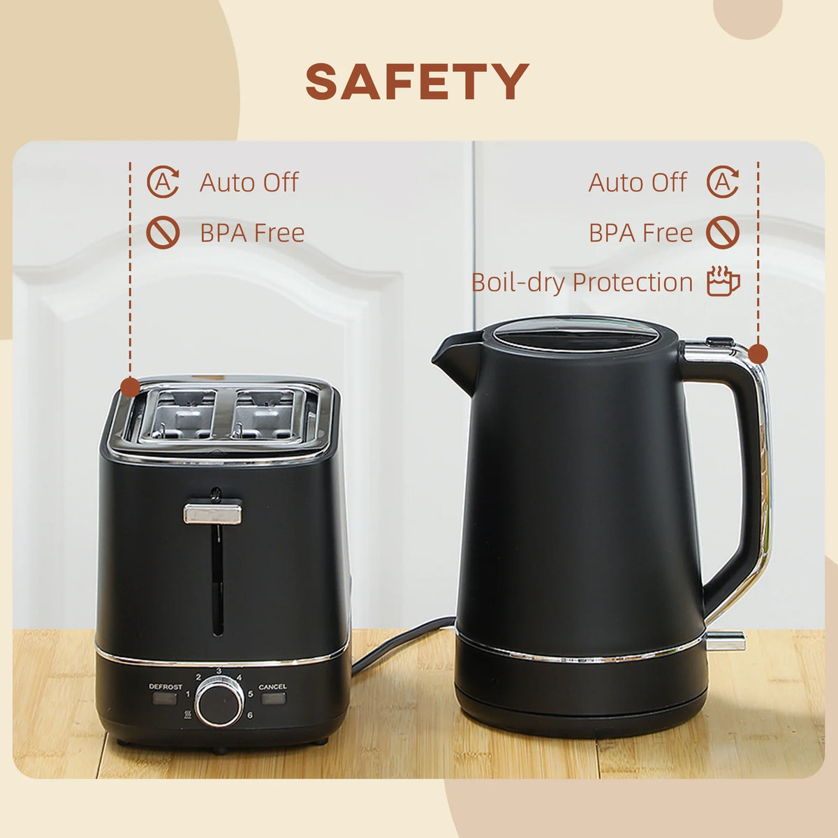 Black kettle and toaster safety features with auto off and boil-dry protection icons