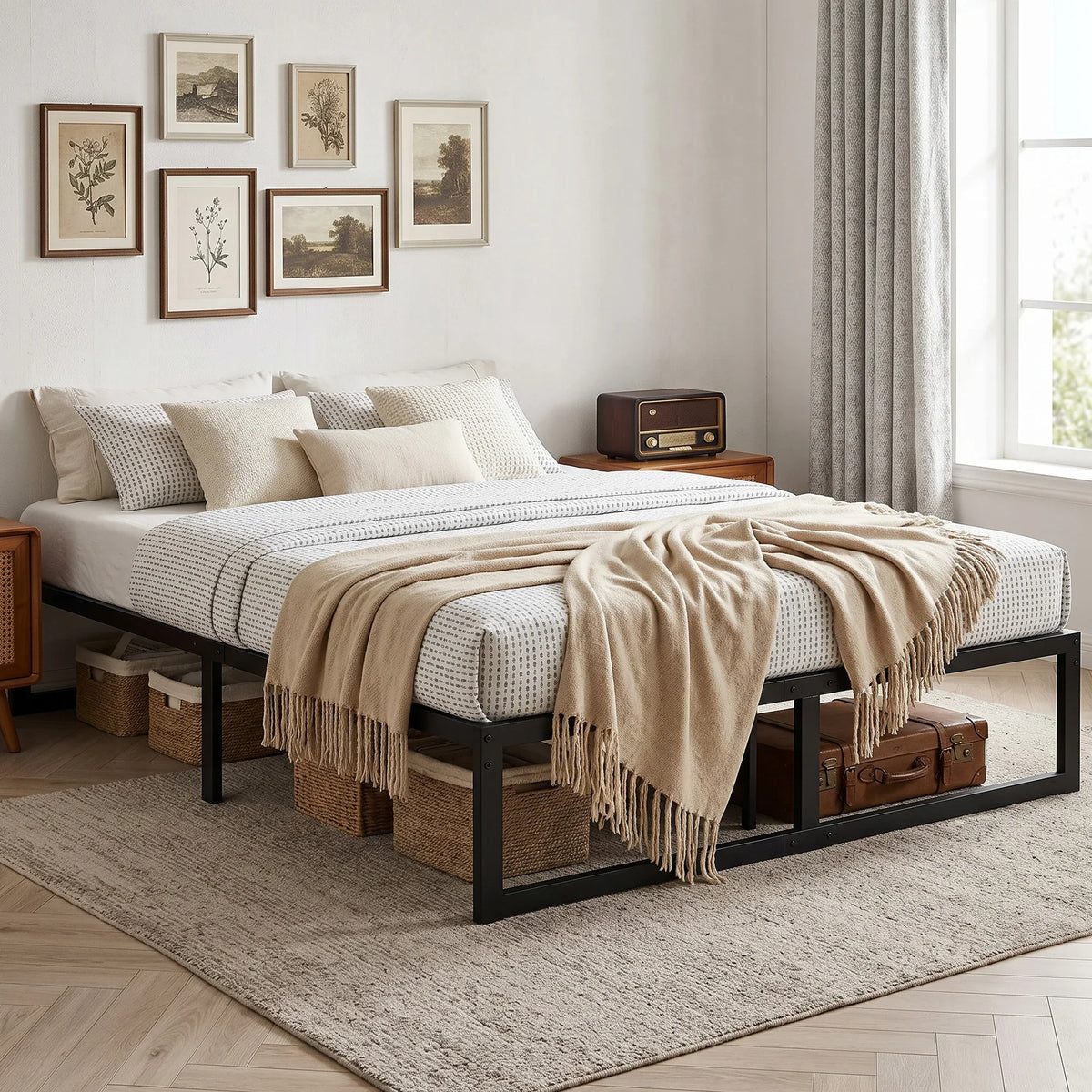 Black double bed frame with underbed storage bins and steel slat mattress support