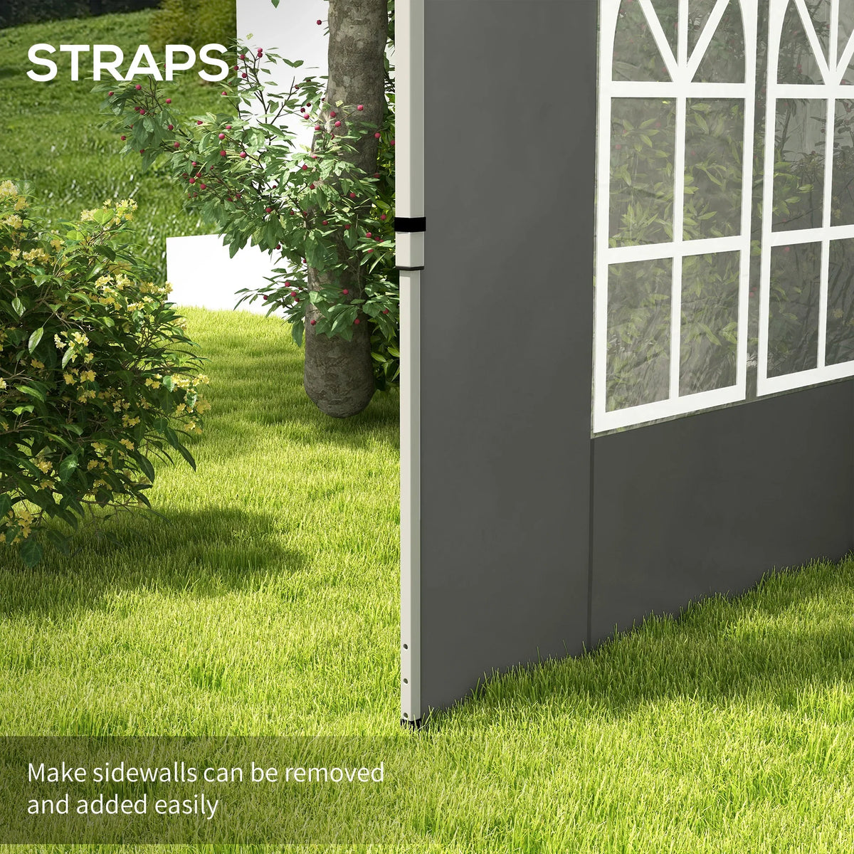 Dark grey gazebo side panel with white window cutout and attachment straps on corner