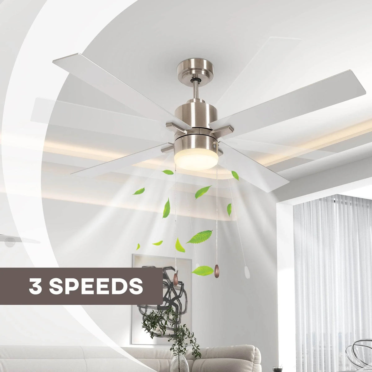 Ceiling fan with LED light and four blades, ceiling-mounted with pull chain