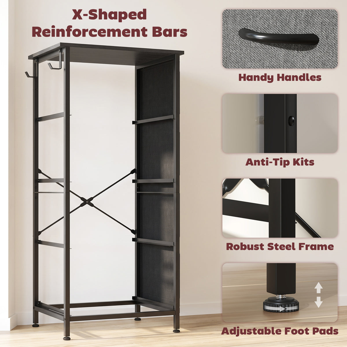 Grey fabric dresser with steel frame supports, anti-tip kits, and adjustable foot pads