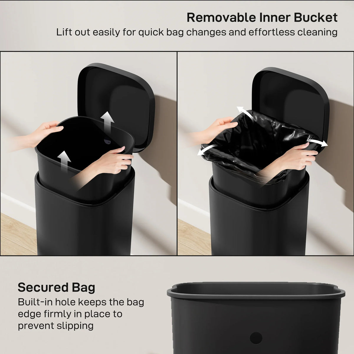 Black trash bin with removable inner bucket and open-lid access