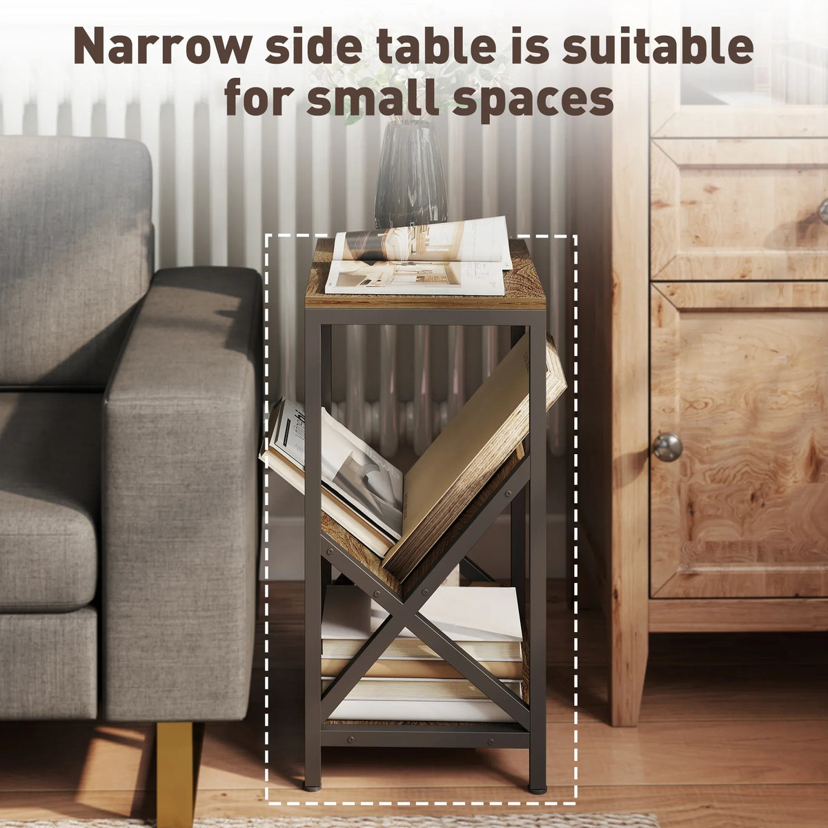 Narrow side table with V-shaped magazine holder, dark wood shelves and black steel frame