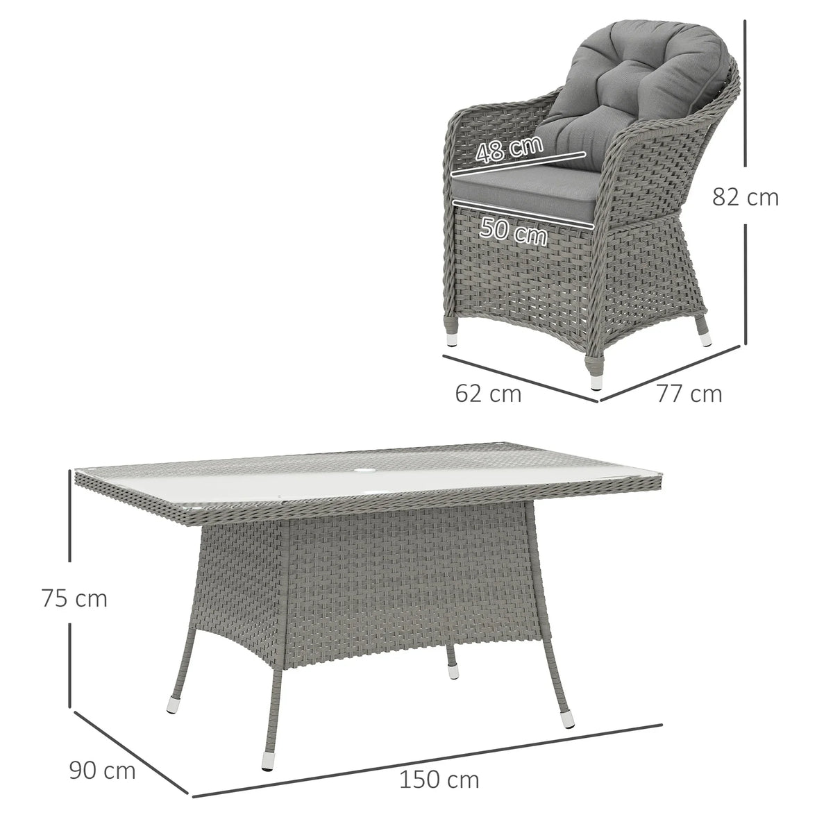 Light grey rattan dining table and armchair set with size measurements