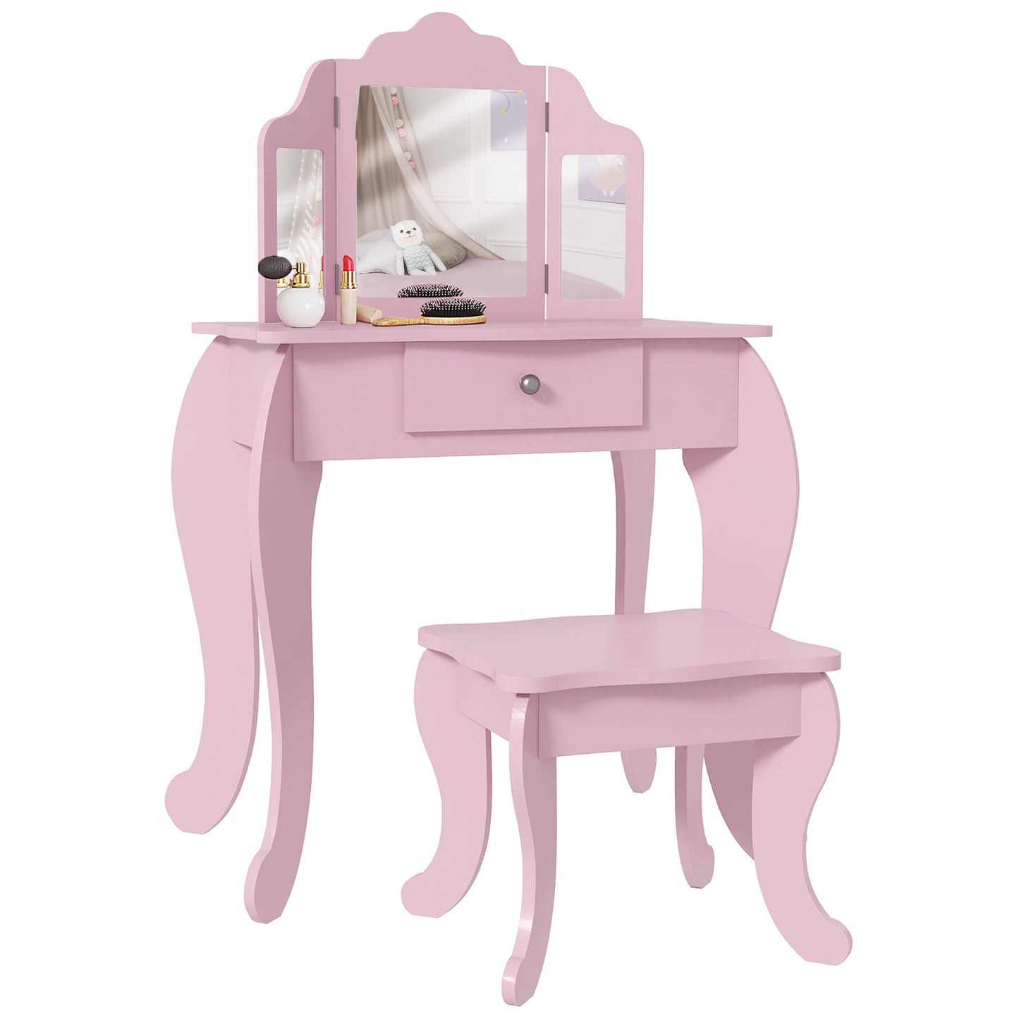 HOMCOM Kids Vanity Table And Chair Set With Tri Folding Mirror Pink Makeup Dressing Table With Drawer