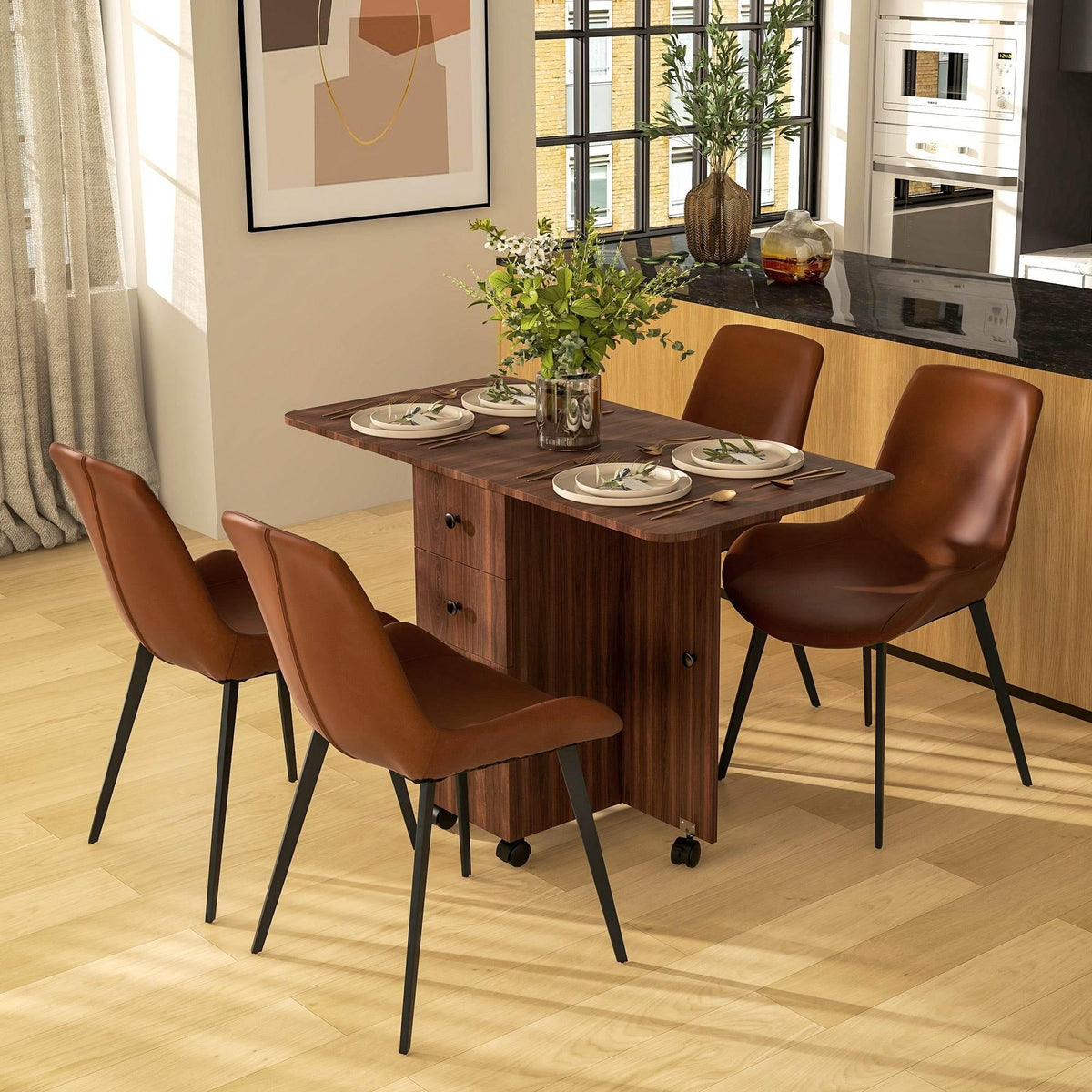 Rustic brown drop-leaf dining table with cabinet base and rolling casters