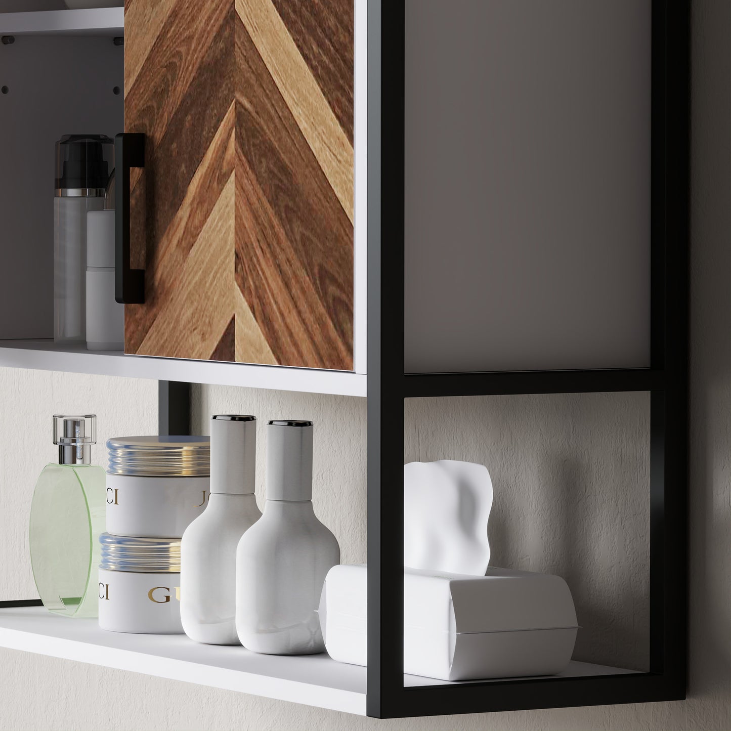 HOMCOM Wall Mounted Bathroom Medicine Cabinet With Two Doors Open Shelf And Adjustable Shelves Walnut Finish