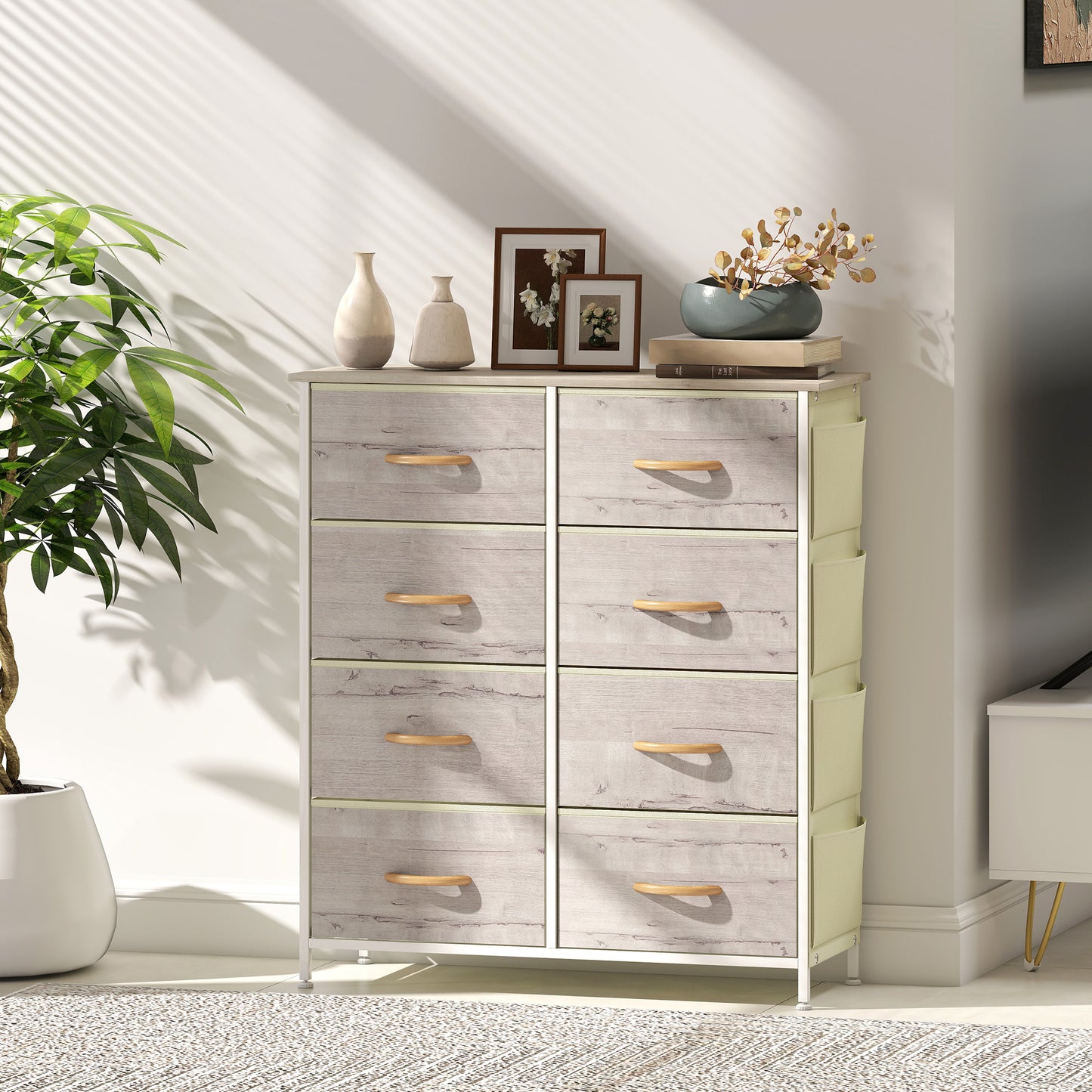 HOMCOM Chest Of Eight Fabric Drawers With Natural Wood Finish And Steel Frame Storage Organizer