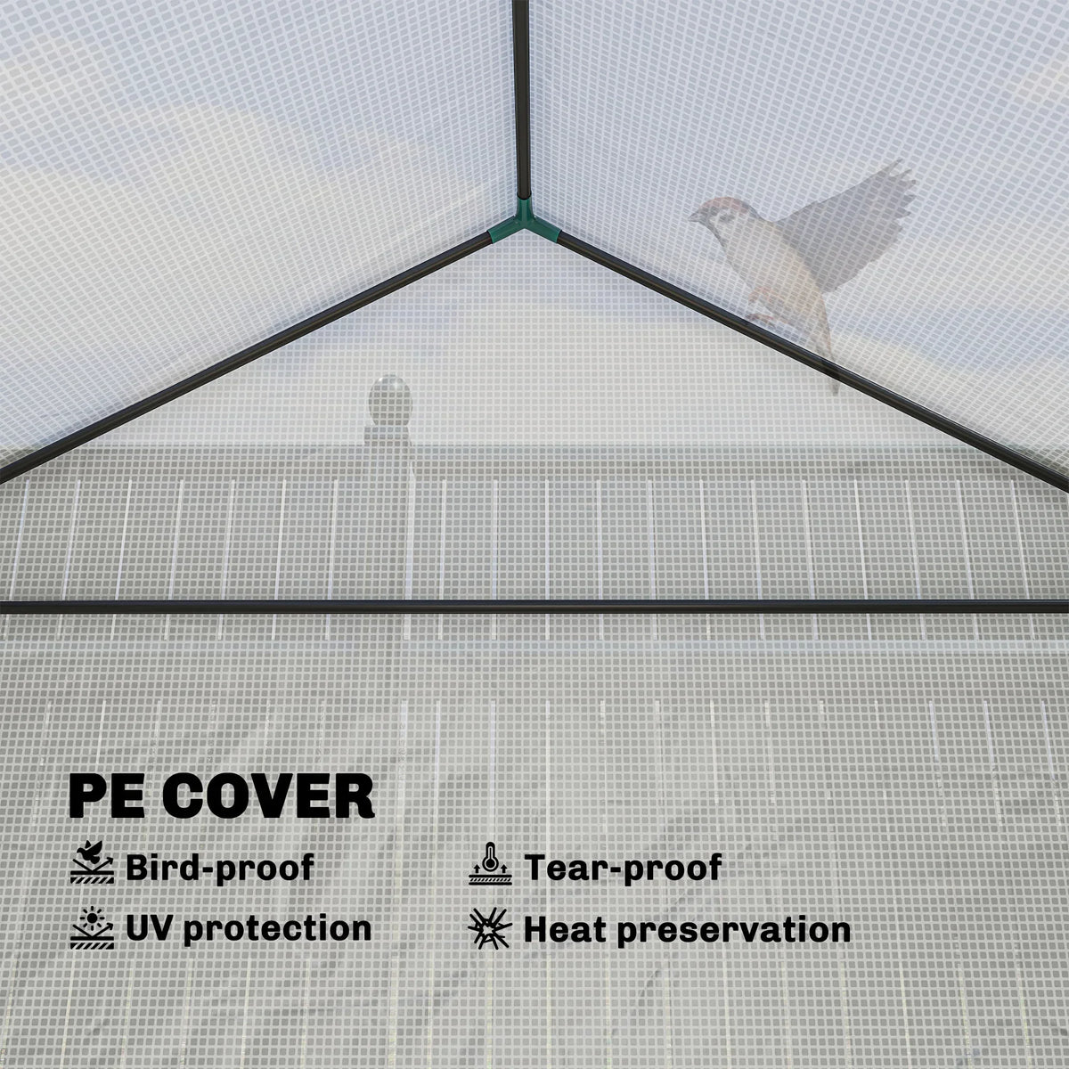 PE greenhouse cover panel with corner poles and mesh roof fabric, close-up view