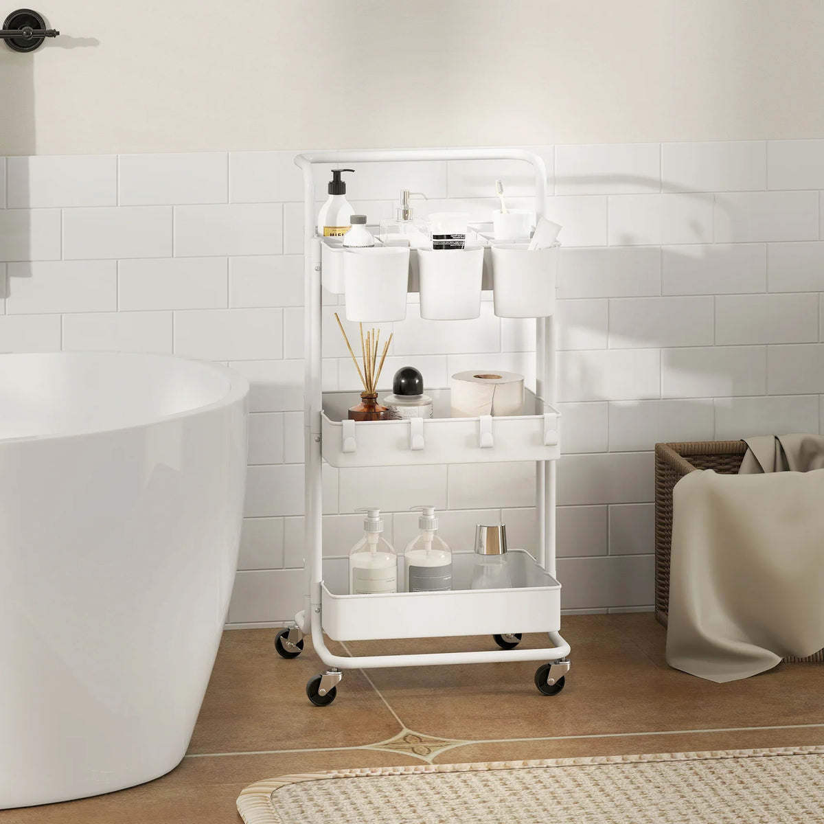 White three-tier storage trolley with handle and small accessory holders on wheels