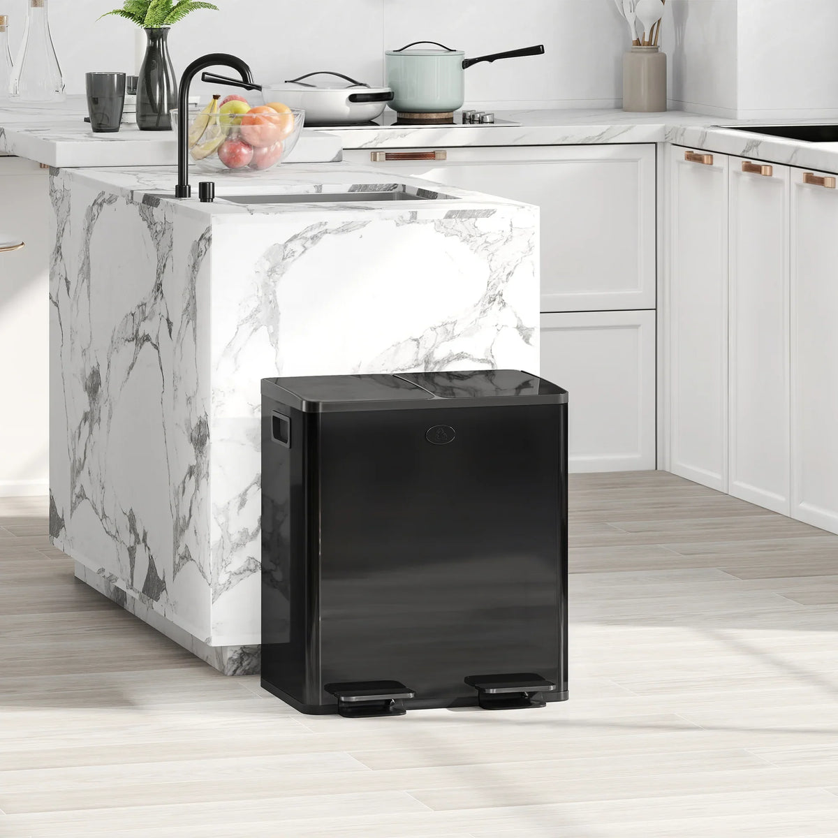 Glossy black dual-compartment foot pedal bin with two split lids and deodorizer holders