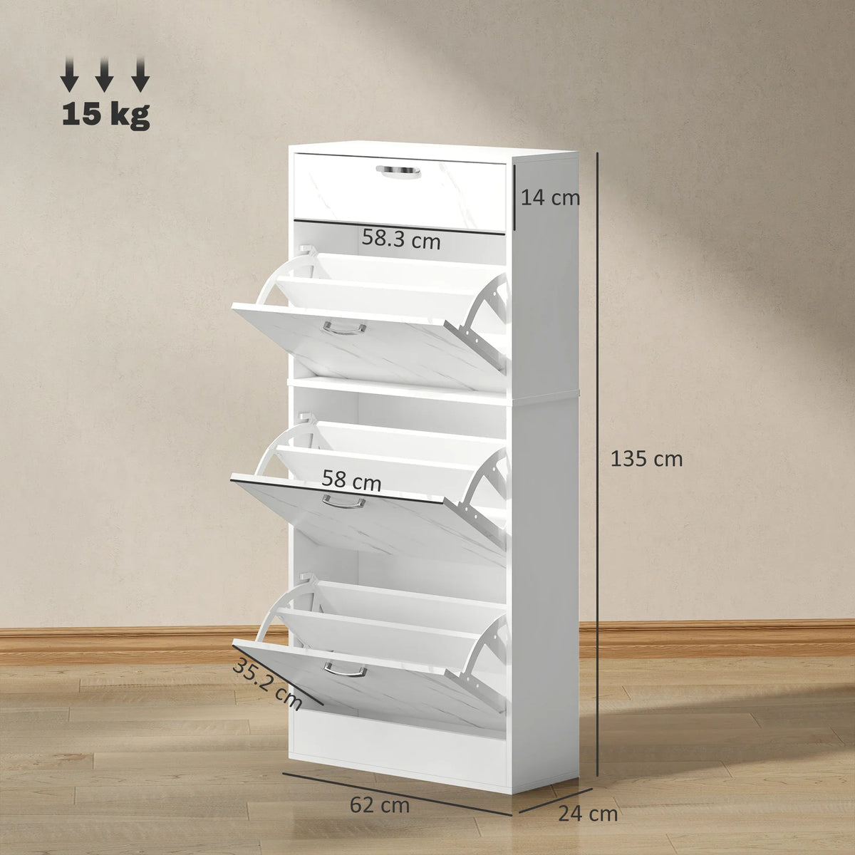 White shoe cabinet with three flip drawers and open shoe racks, size view