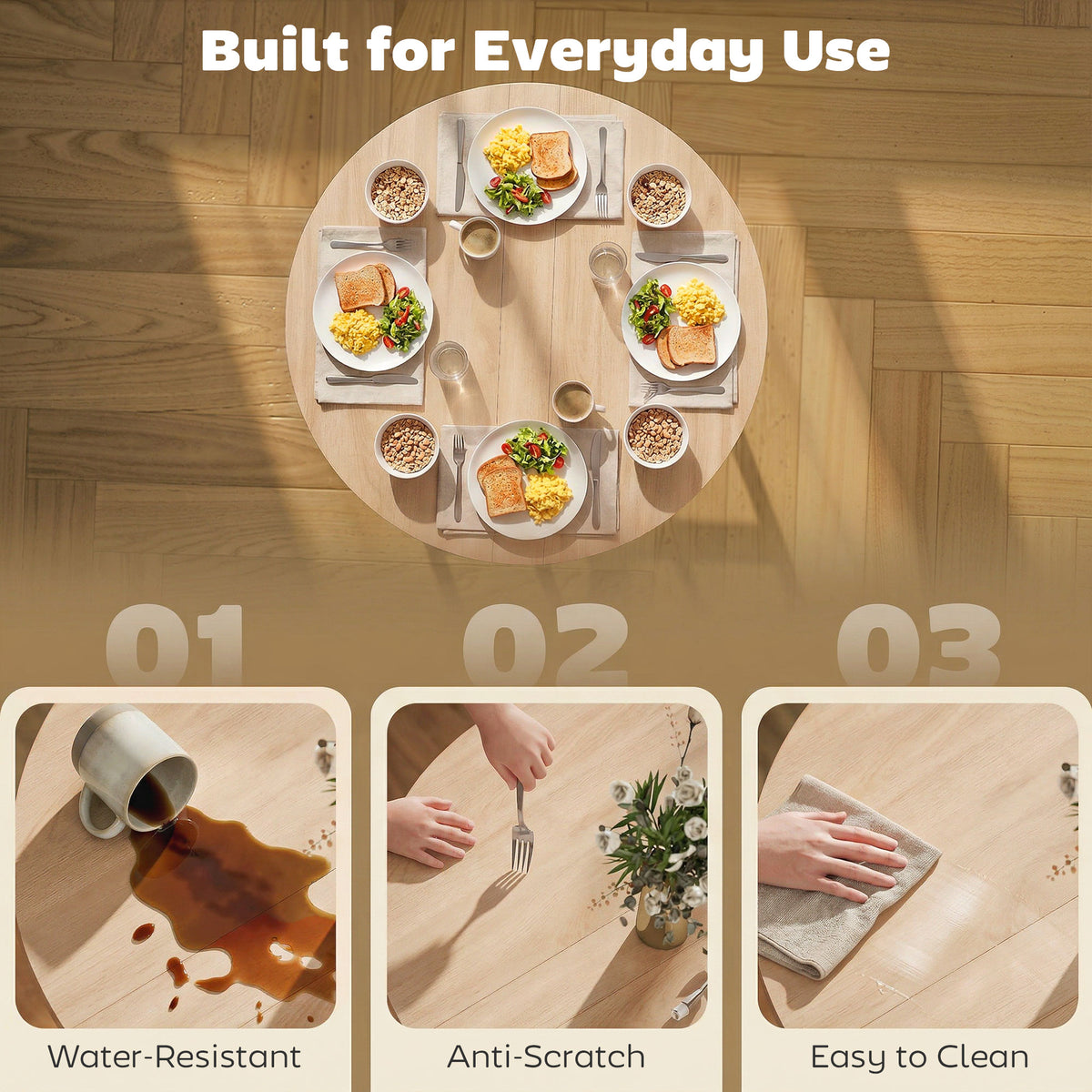 Round natural wood dining table with white legs, set for four meals