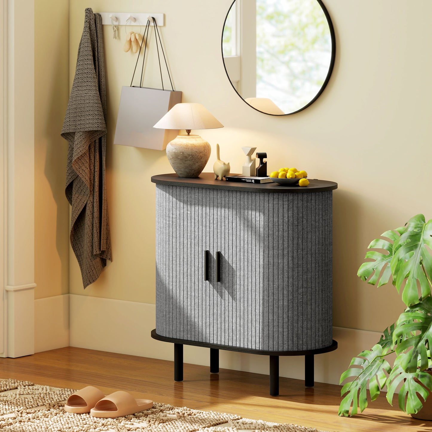 HOMCOM Tambour Sideboard With Fluted Sliding Doors Modern Kitchen Cupboard With Storage Shelves And Wooden Legs Grey