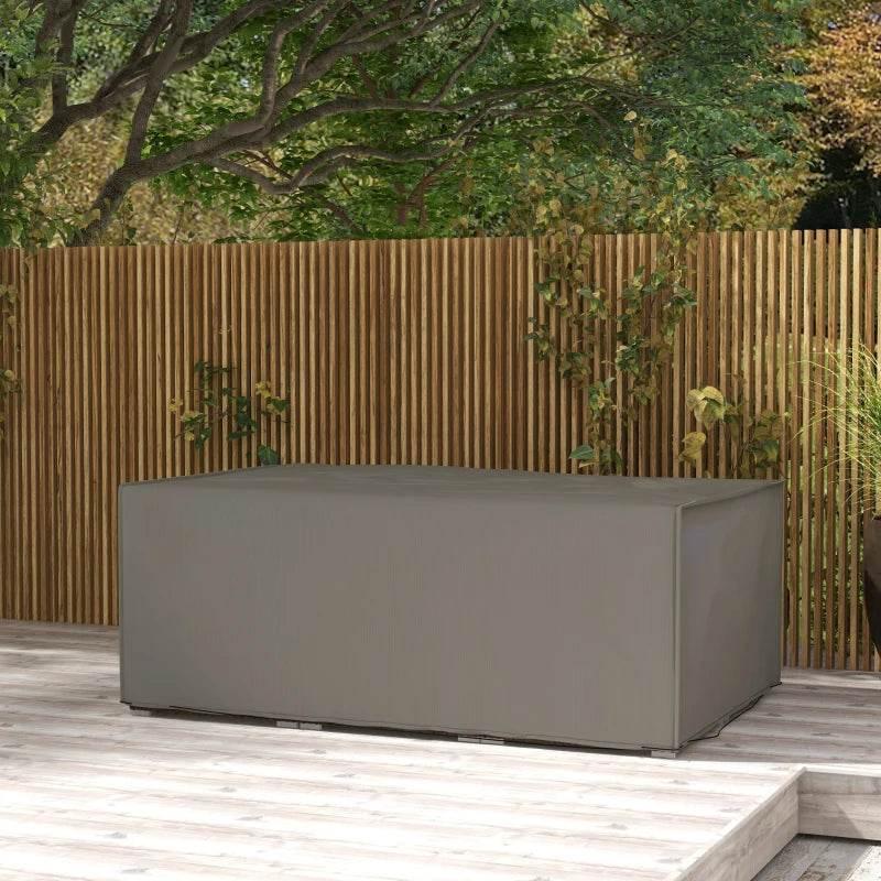 Grey rectangular patio furniture cover over outdoor sofa or bench, fitted drape style