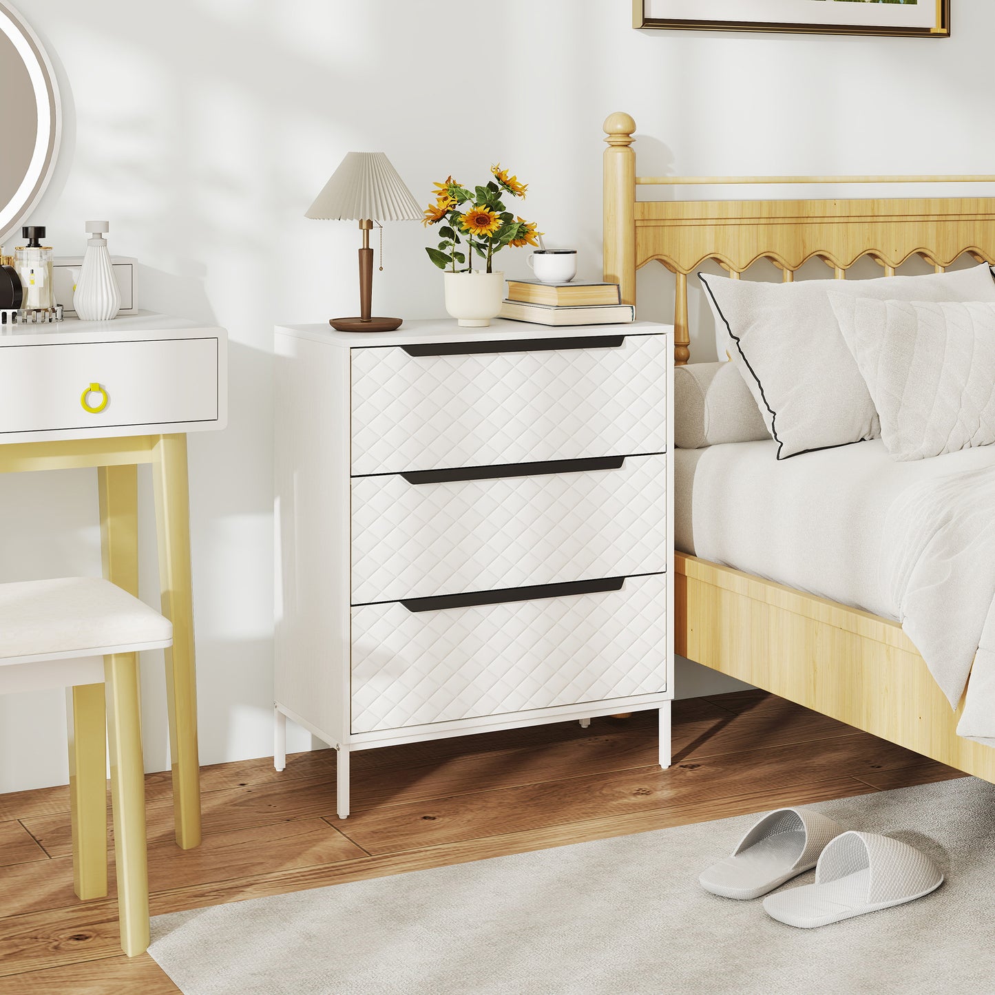 HOMCOM Fabric Chest Of Drawers With Three Drawers And Aluminium Handles White Finish